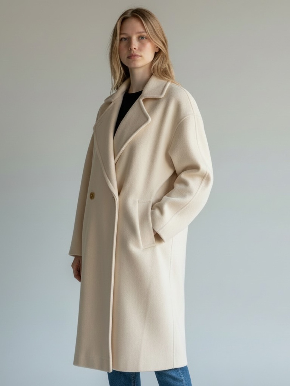 Vintage Stanley Blacker 100% Wool Ivory Double Breasted Long Coat USA luxury